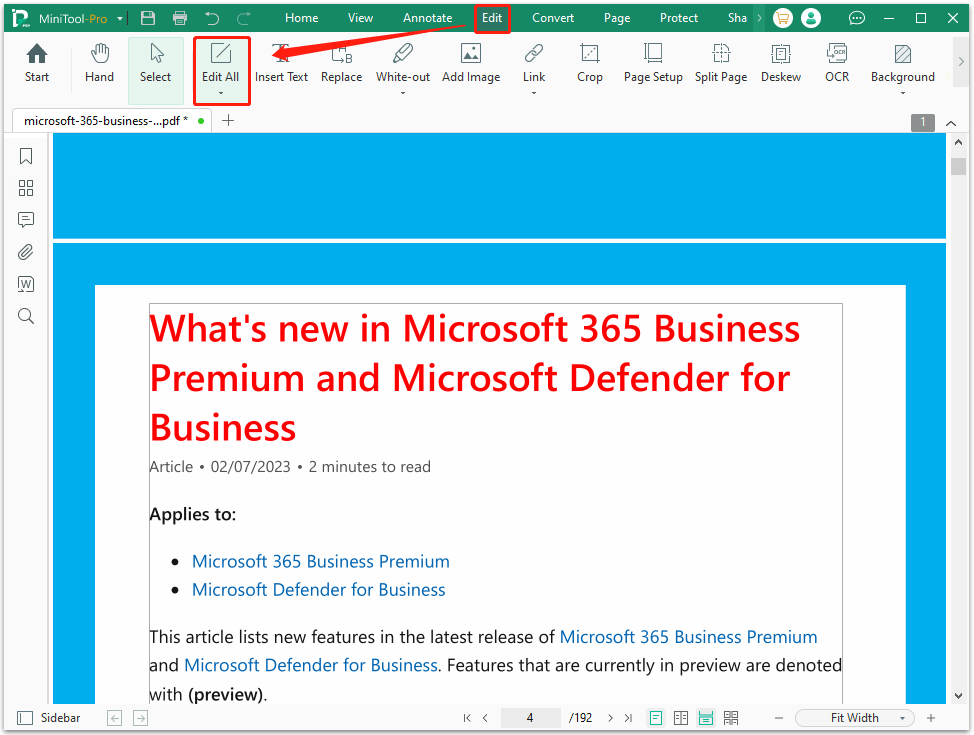 The Edit and Edit All options selected to adjust text color in MiniTool PDF Editor.