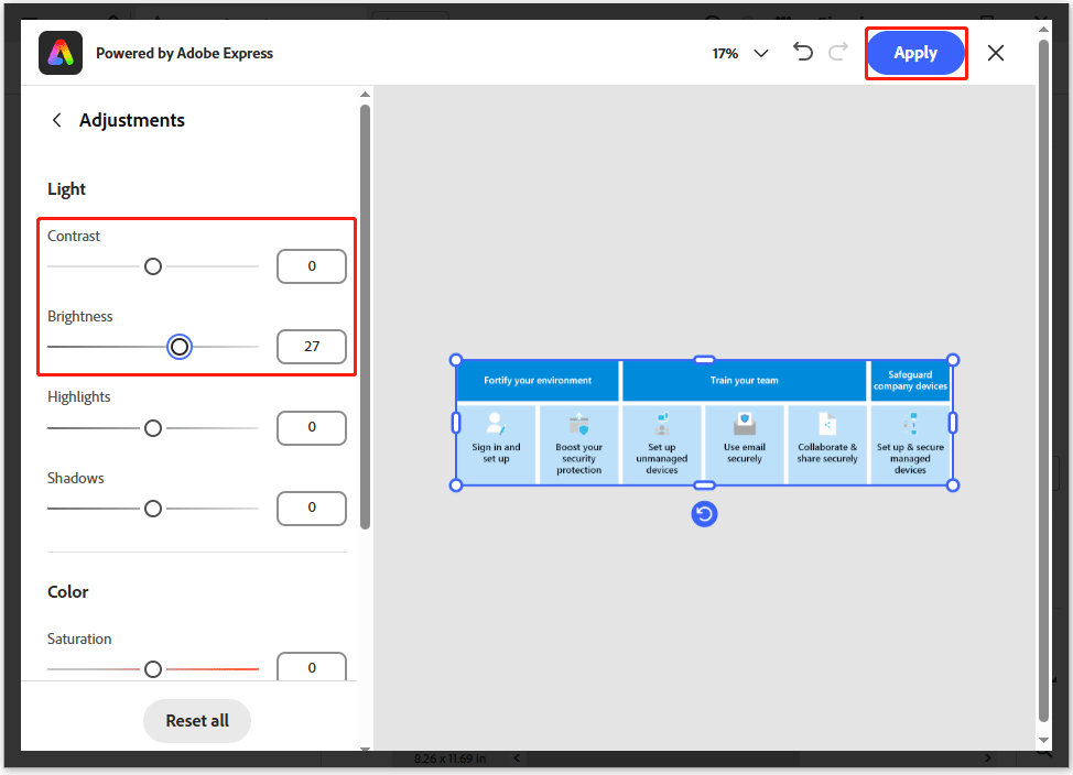 The Contrast and Brightness option selected to increase PDF brightness in Adobe Acrobat.
