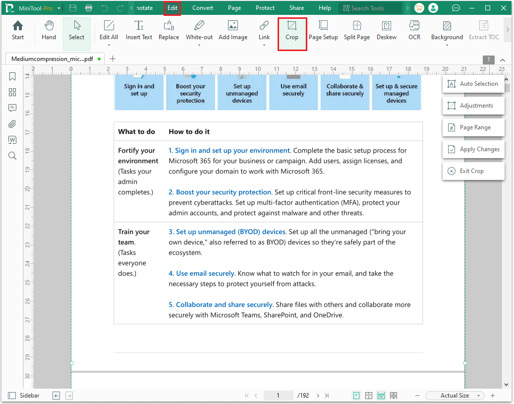 The MiniTool PDF Editor interface with the selected Edit and Crop option.