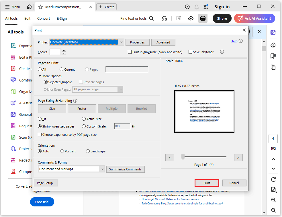 The print interface of the Adobe Acrobat with the selected Print option.