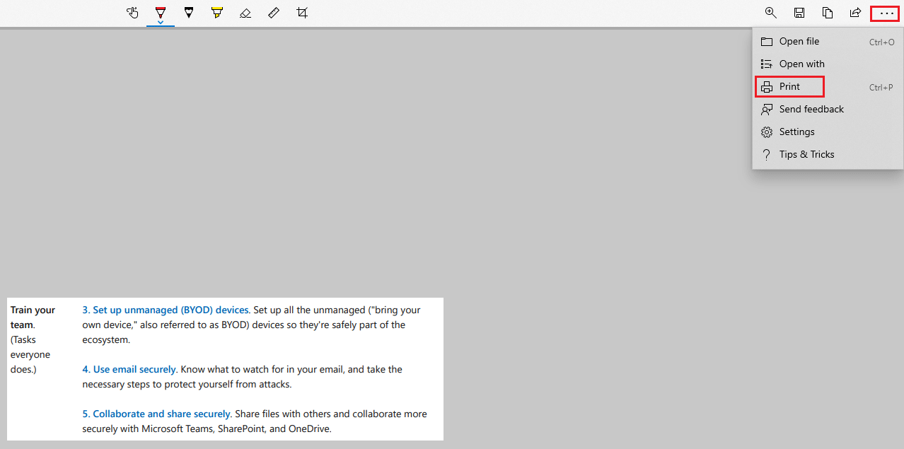 The Snip and Sketch interface with the selected Print option.