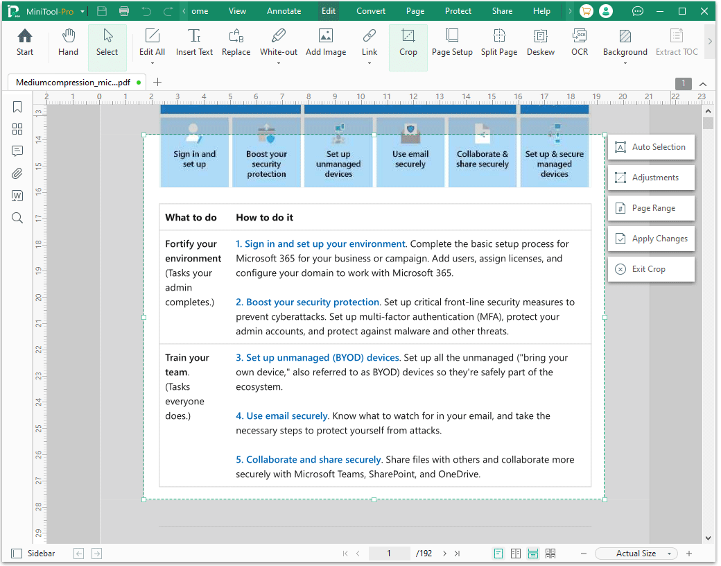The MiniTool PDF Editor Crop interface with the selected Apply Changes option.