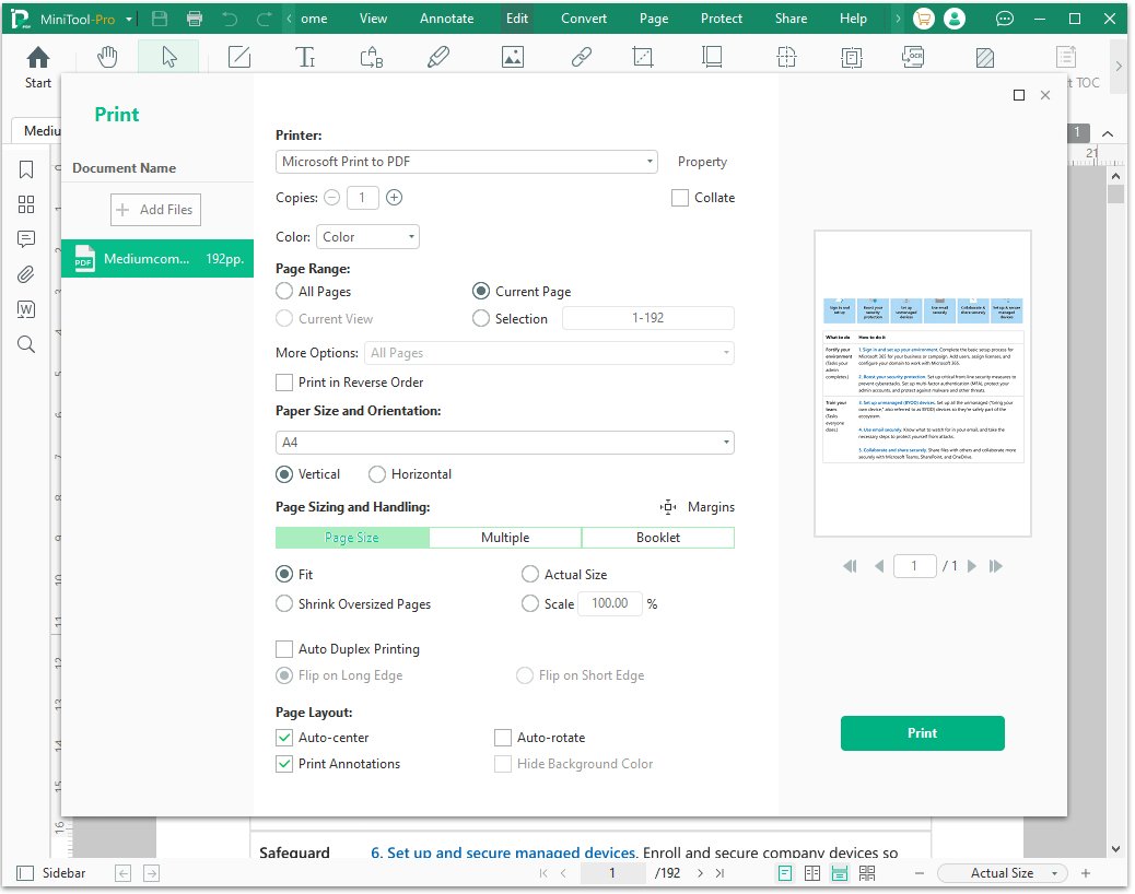 The MiniTool PDF Editor Print interface with the selected Print option.