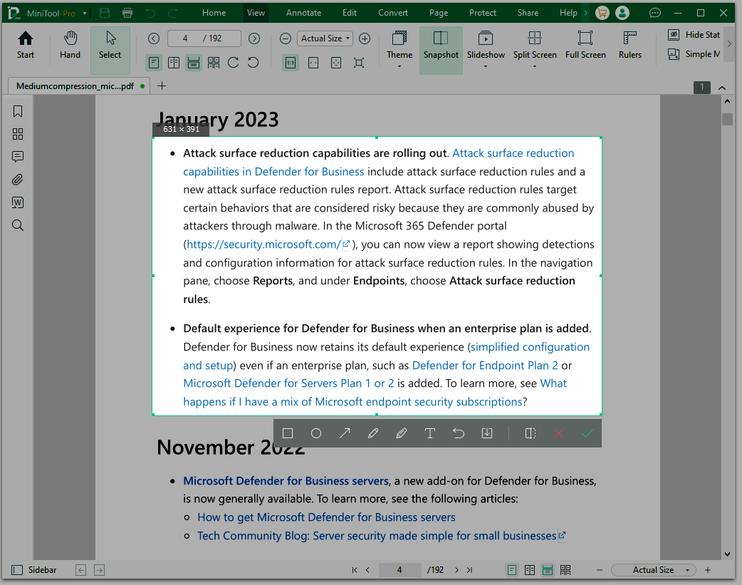 The MiniTool PDF Editor snapshot interface with the selected checkmark icon.