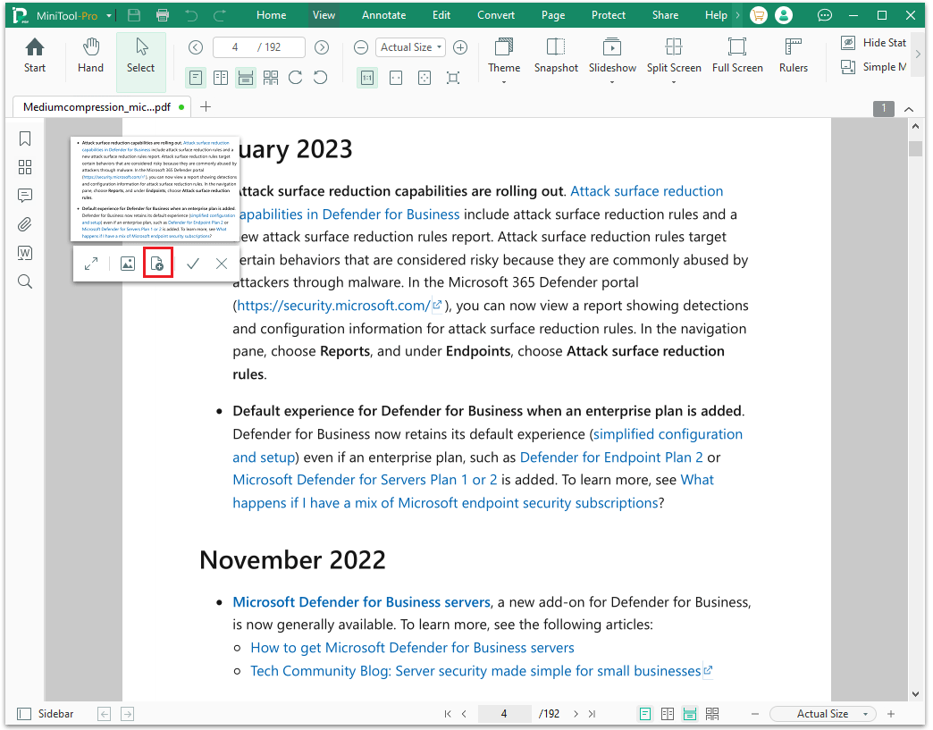 The snapshot interface of MiniTool PDF Editor with the selected Save as PDF icon.