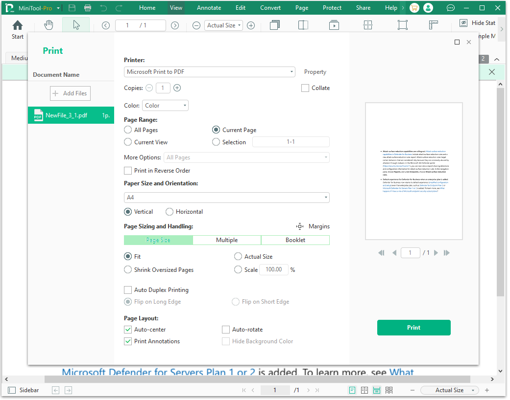 The MiniTTool PDF Editor Print interface with the selected Print option.