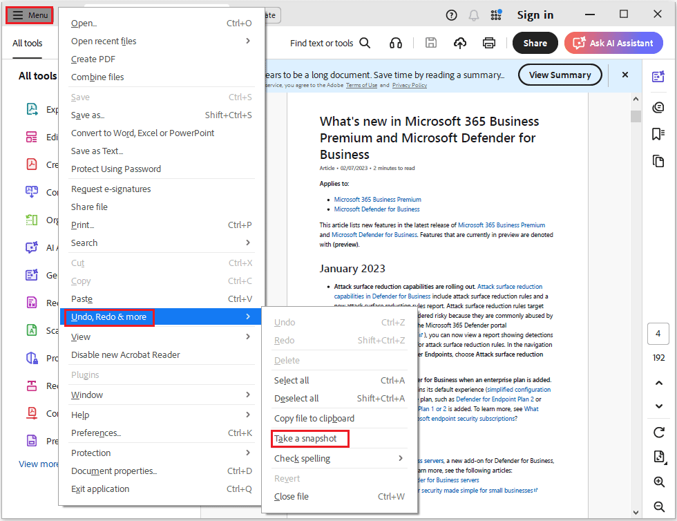 The interface of Adobe Acrobat with the selected Take a snapshot option.