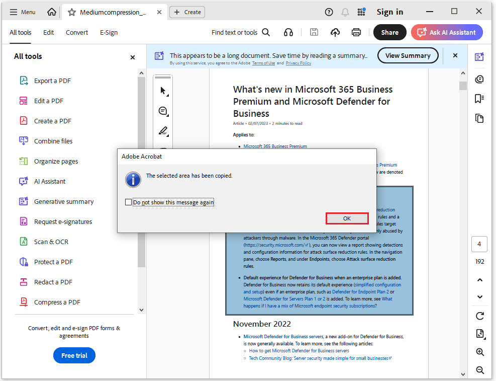 The interface of Adobe Acrobat The selected area has been copied with selected OK.
