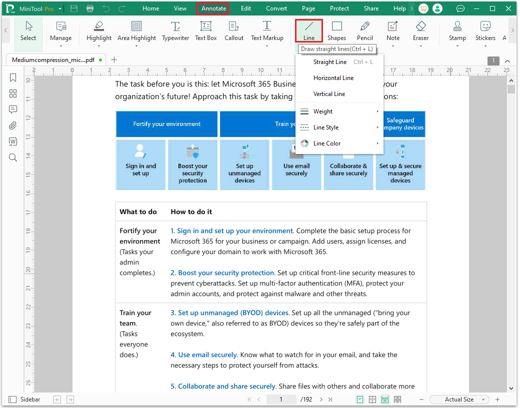 The interface of MiniTool PDF Editor with selected Annotate and Line option.