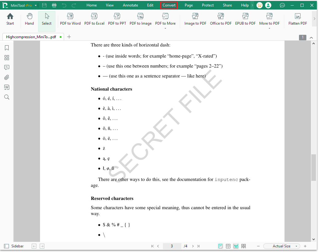 The MiniTool PDF Editor interface with the selected Convert option.