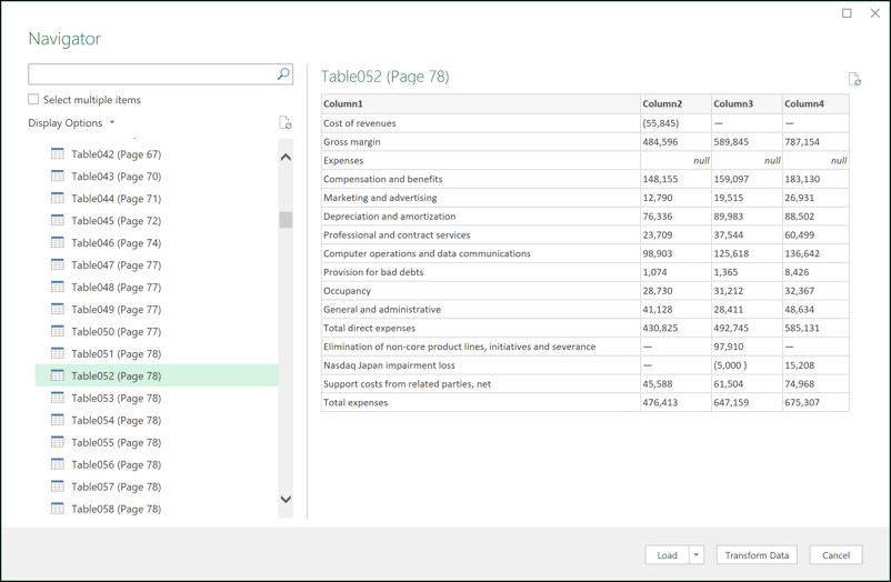 Microsoft 365 Excel Navigator window showing tables to load.