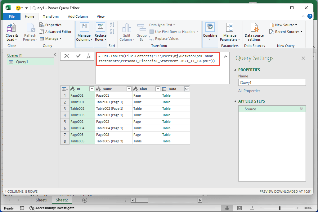 Excel Power Query Editor window with extracted tables from PDF.