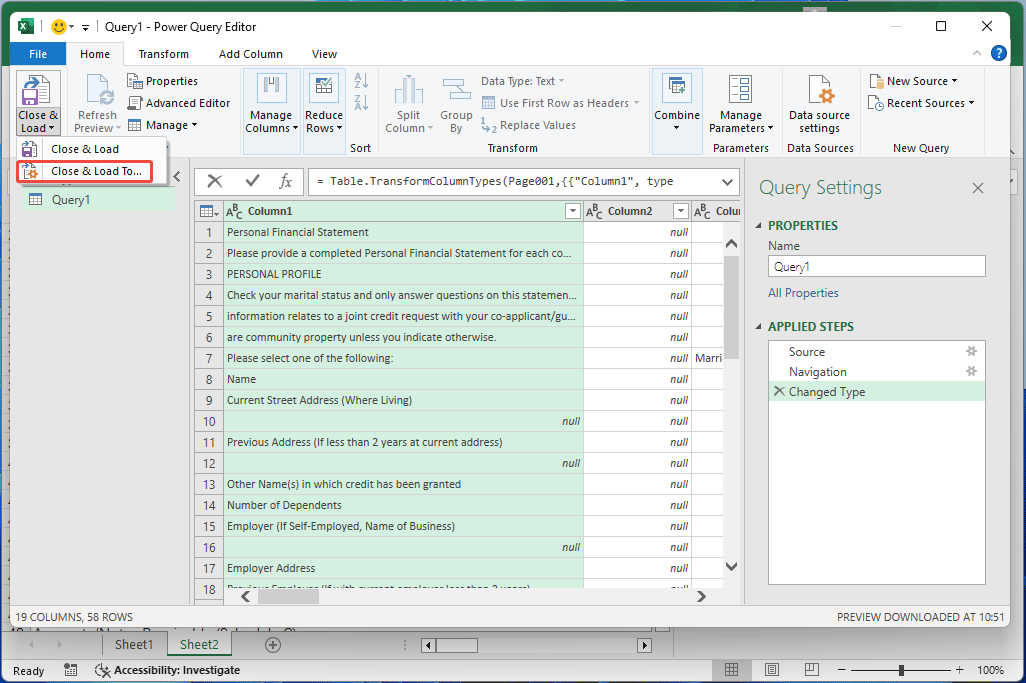 Excel Power Query Editor window with the selected close and load to option.