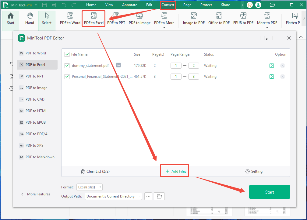 The MiniTool PDF Editor interface with the PDF to Excel conversion window.
