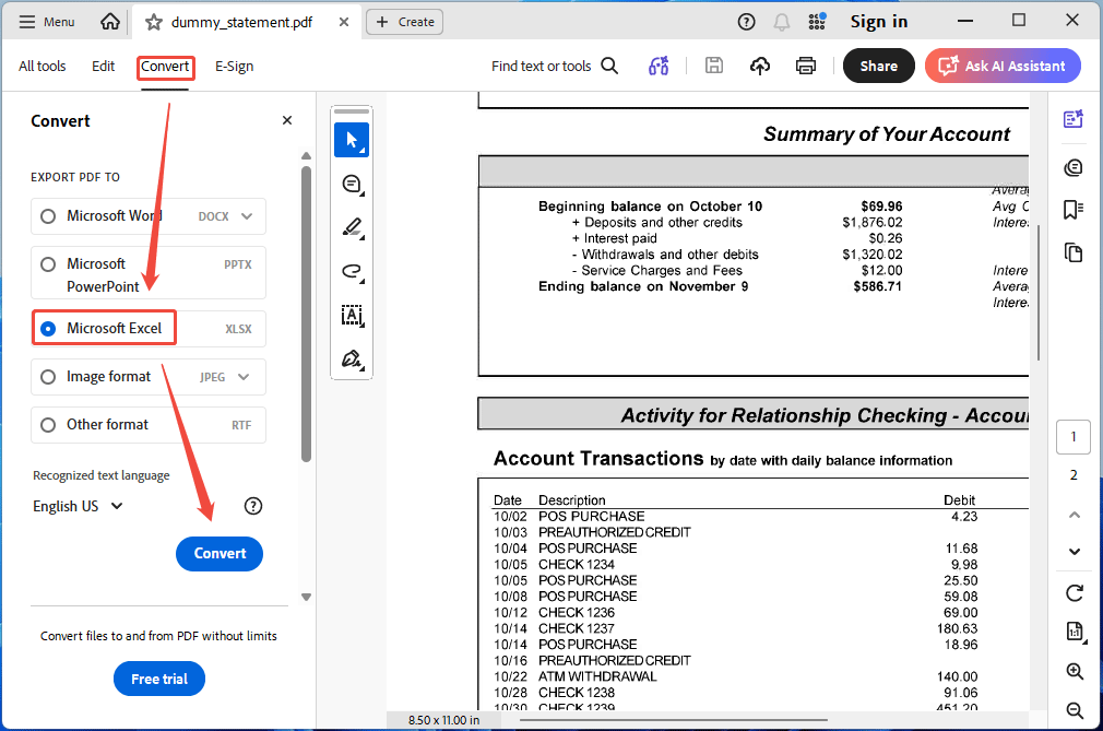 The Adobe Acrobat Convert tab with the selected Microsoft Excel option.