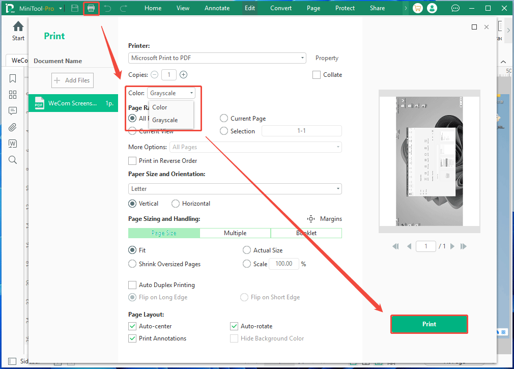 The MiniTool PDF Editor interface with the Print window and selected Grayscale option.