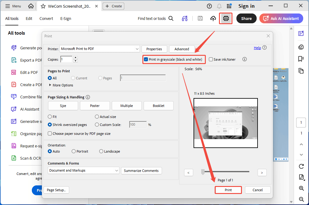 The Adobe Acrobat interface with the Print window and the selected Print in grayscale option.