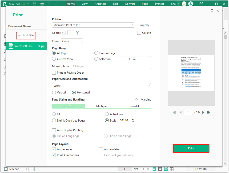 The Add Files and Print option selected in the MiniTool PDF Editor interface.
