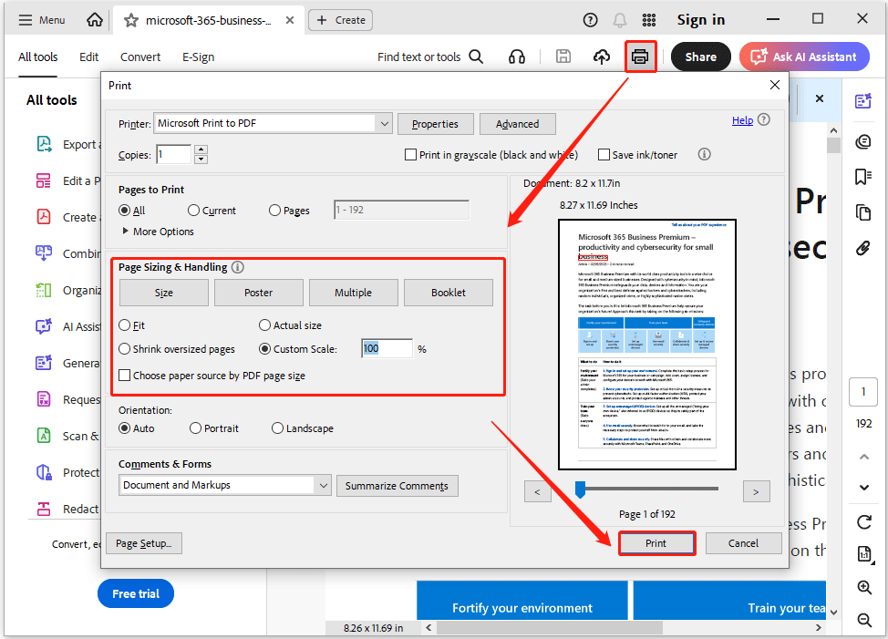 The Print, Page Sizing Handling, and Print option selected in the Adobe Acrobat interface.