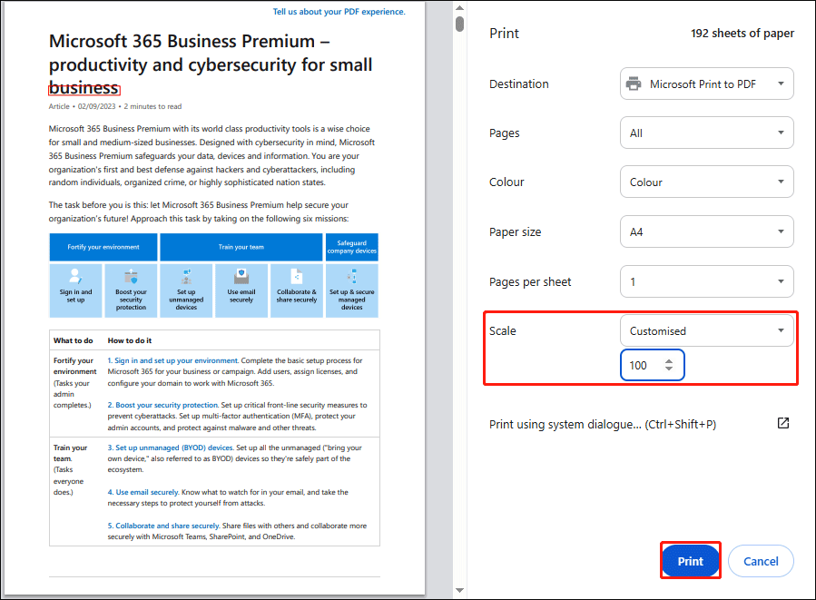 The Scale section and Print button selected in the Google Chrome Print interface.