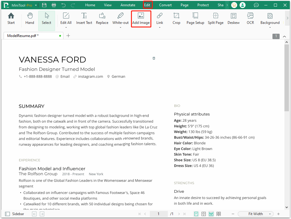 The MiniTool PDF Editor interface with the Edit and Add Image option selected.