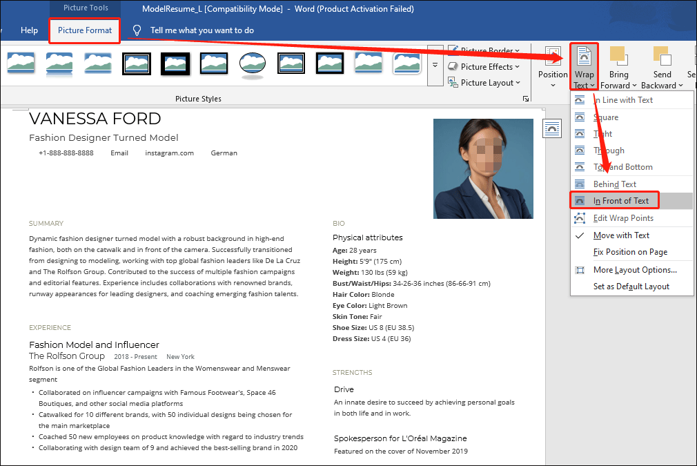 The Picture Format, Wrap Text, and In Front of Text options selected in Microsoft Word.