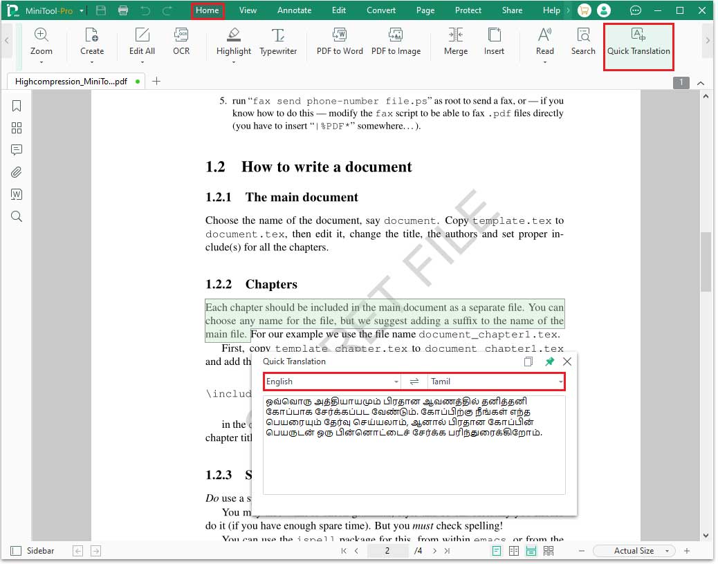 The MiniTool PDF Editor Quick Translation interface with the selected Quick Translation feature.