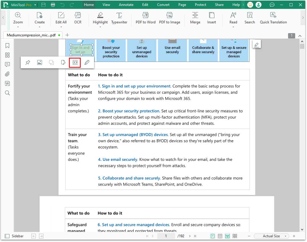The MiniTool PDF Editor interface with the selected OCR icon.