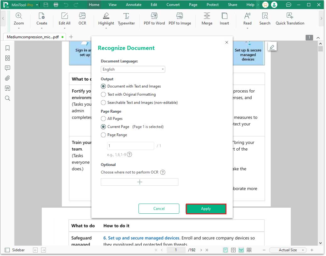 The MiniTool PDF Editor OCR interface with the selected Apply button.