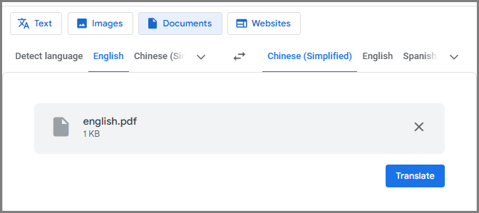The Google Translate interface to translate English to Tamil PDF with the Document feature.