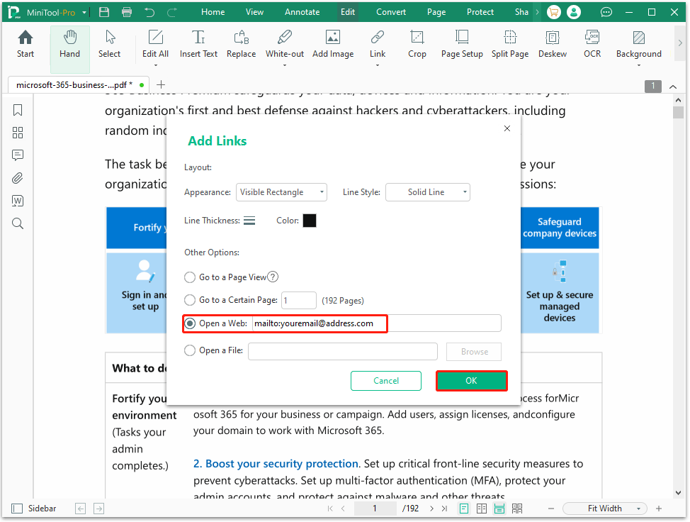 The Open a Web and OK option selected to add an email link to PDF in MiniTool PDF Editor.