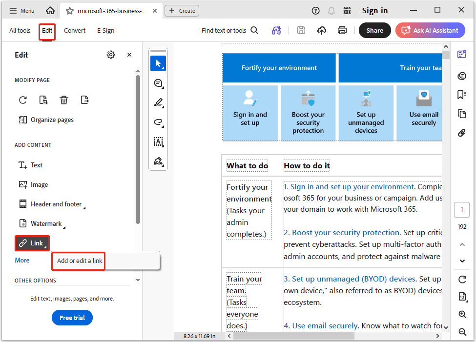 The Adobe Acrobat interface with the Edit, Link, and Add or edit a link option selected.