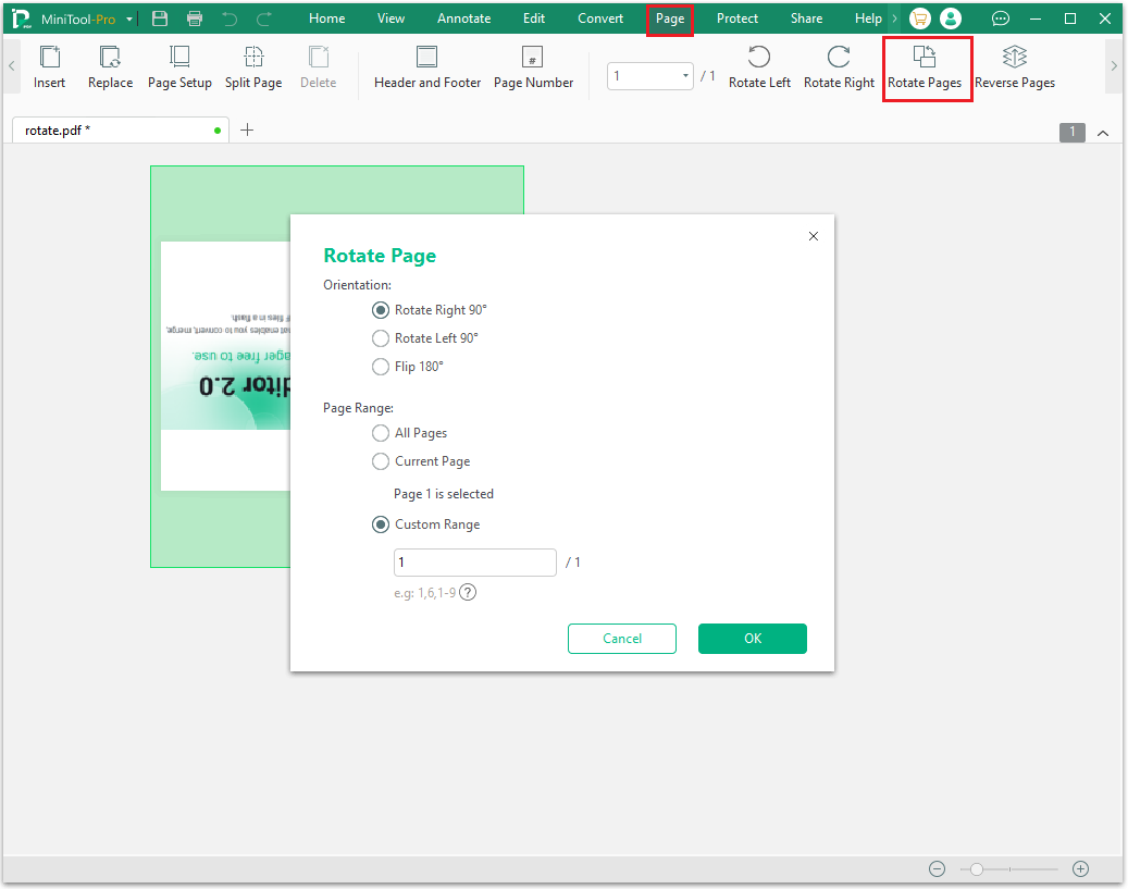 The MiniTool PDF Editor Page interface with the selected Rotate Range option.