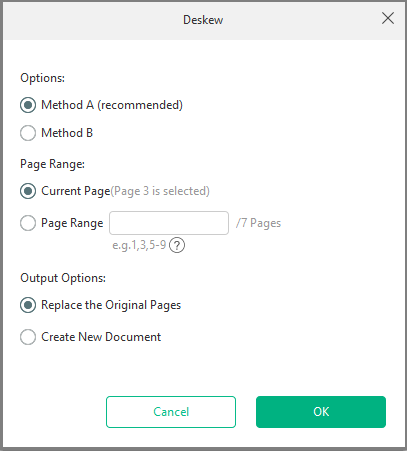 The Deskew interface with the selected OK option.