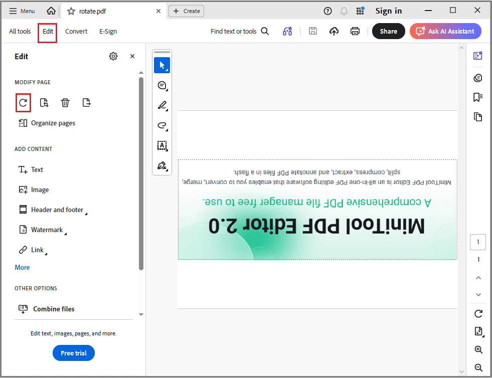 The Adobe Acrobat interface with the selected Edit and the Rotate icon option.
