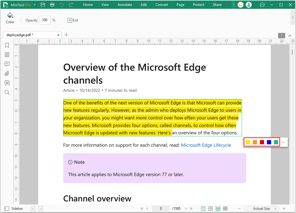 The MiniTool PDF Editor interface with the selected highlighted text and expanded color menu.