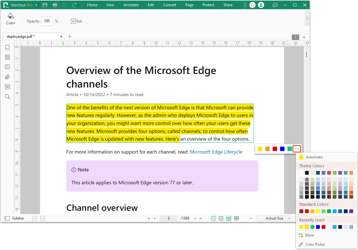 The MiniTool PDF Editor interface with the expanded more color panel.