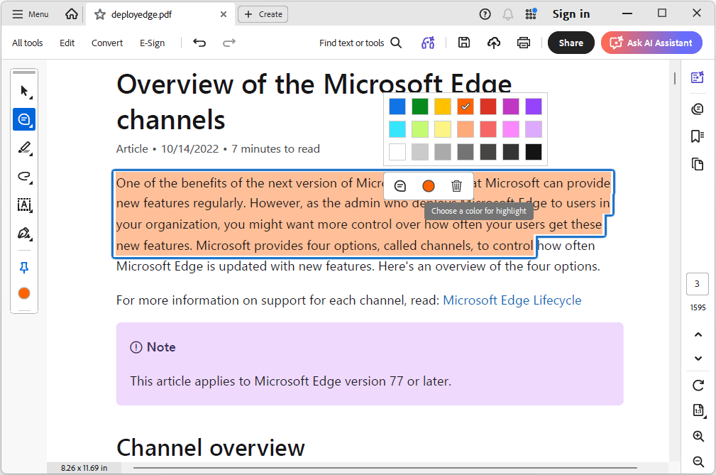 The Adobe Acrobat interface with the expanded text highlight color panel.