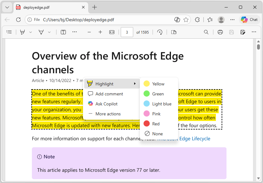 PDF highlight option in Microsoft Edge.