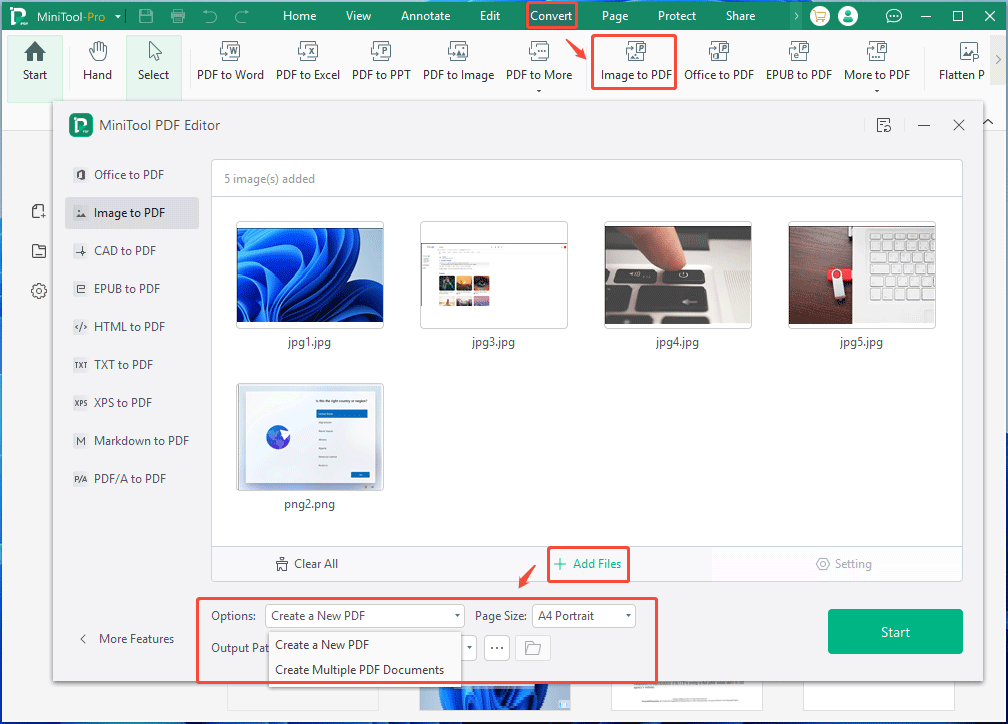 The MiniTool PDF Editor interface with the Image to PDF window.