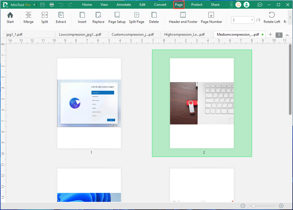The Page tab in MiniTool PDF Editor.