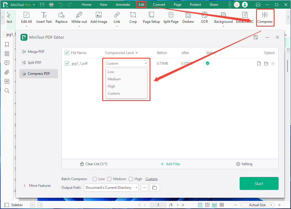 The MiniTool PDF Editor interface with the Compress PDF window.