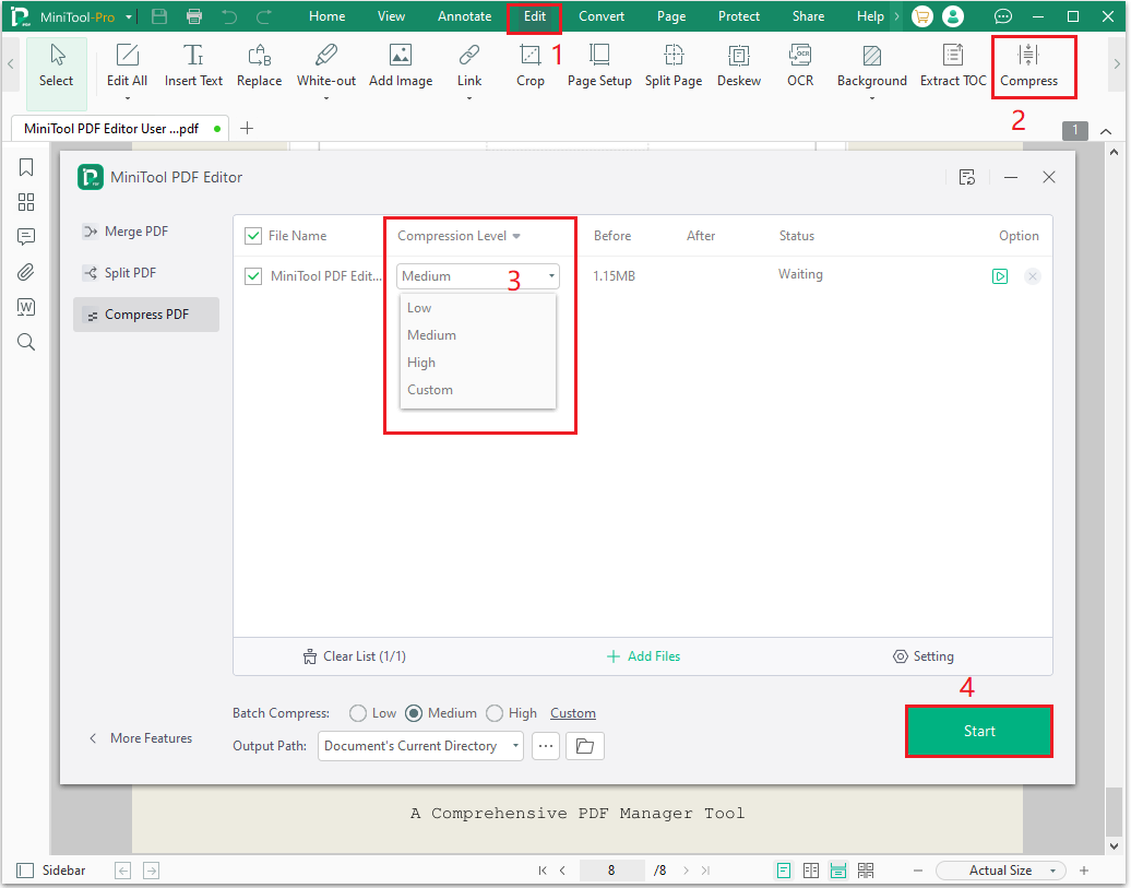The MiniTool PDF Editor compress interface with the selected Start button.