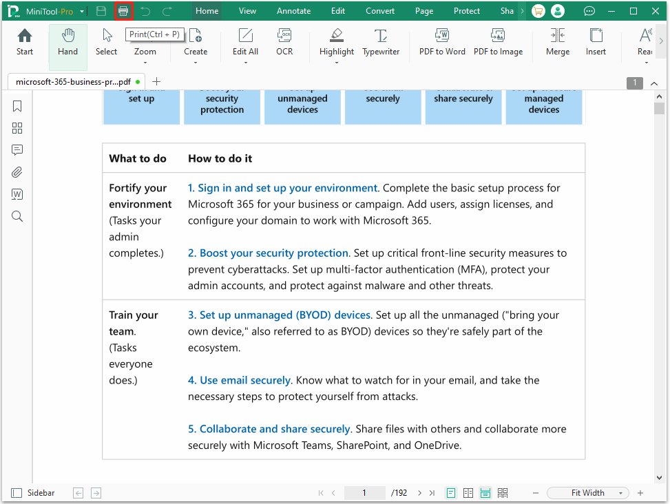 The MiniTool PDF Editor interface with the Print icon selected.