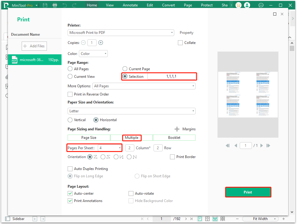 The MiniTool PDF Editor interface with the page number selection, Pages per sheet, and Print options selected.