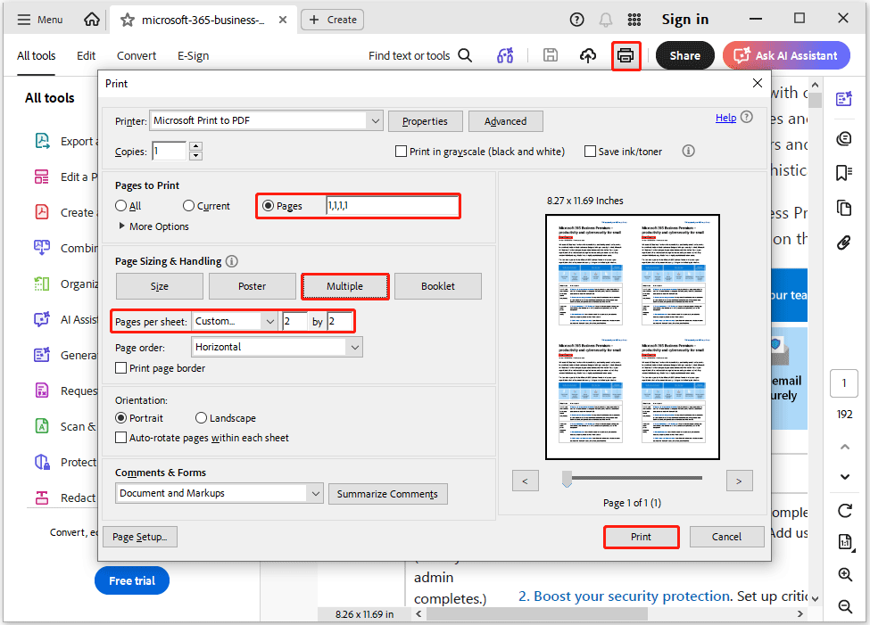 The Print, Pages, Pages per sheet, and Print option selected in the Adobe Acrobat interface.