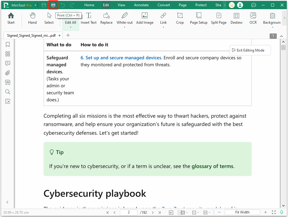 The MiniTool PDF Editor main interface with the Print icon selected.