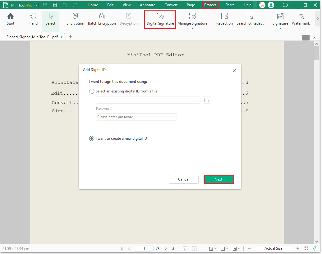 The MiniTool PDF Editor Add Digital ID interface with the selected Next option.