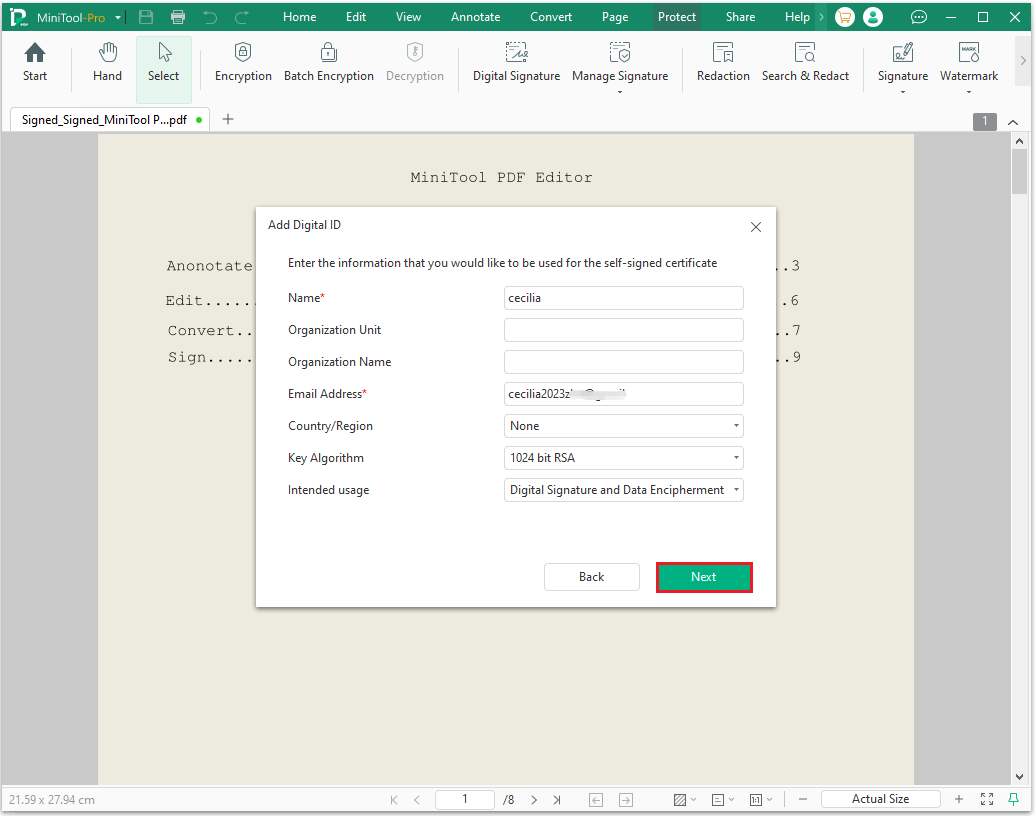 The Add Digital ID interface with the selected Next option.