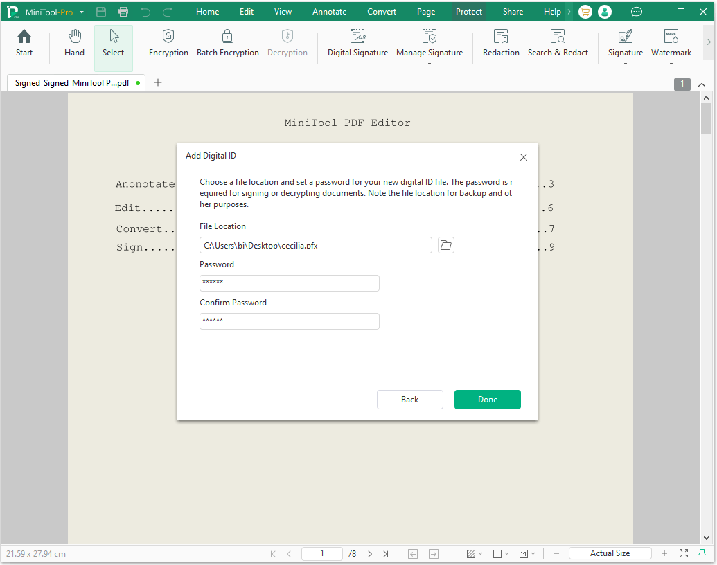 The Add Digital ID interface to type the password and click Done.